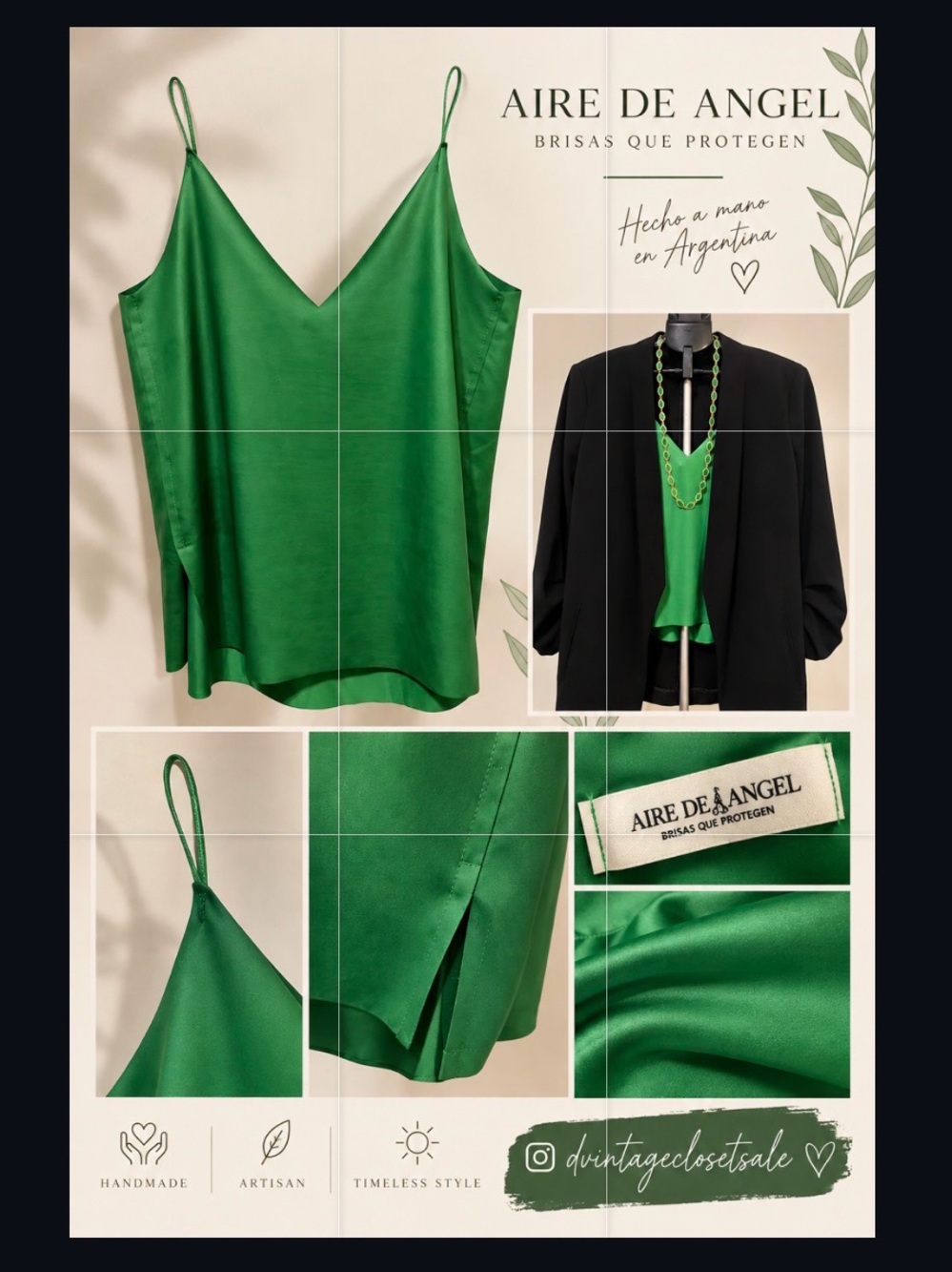 Aire de Angel Argentina Green Stretch Camisole Handmade Designer Top
